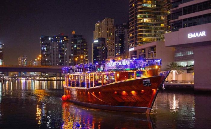 5-Star Marina Royal Dinner Dhow Cruise Dubai Dubai Marina skyline at night