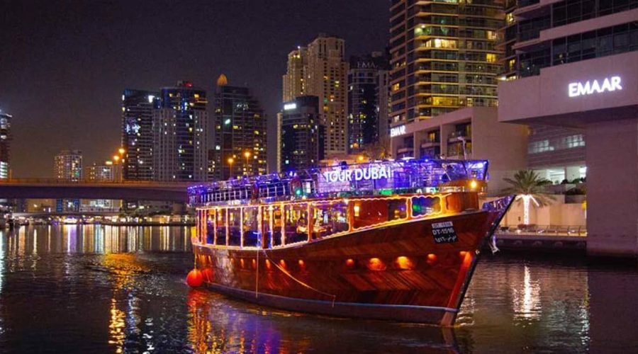 5-Star Marina Royal Dinner Dhow Cruise Dubai Dubai Marina skyline at night