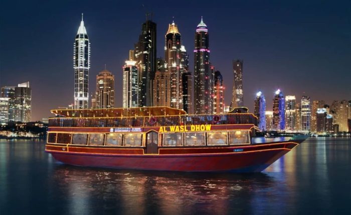Al Wasl Marina Dinner Dhow Cruise Dubai Dubai Marina skyline at night