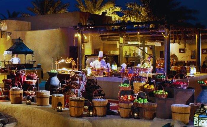 Royal Desert Safari with Dinner in Bab Al Shams Resort BBQ dinner setup