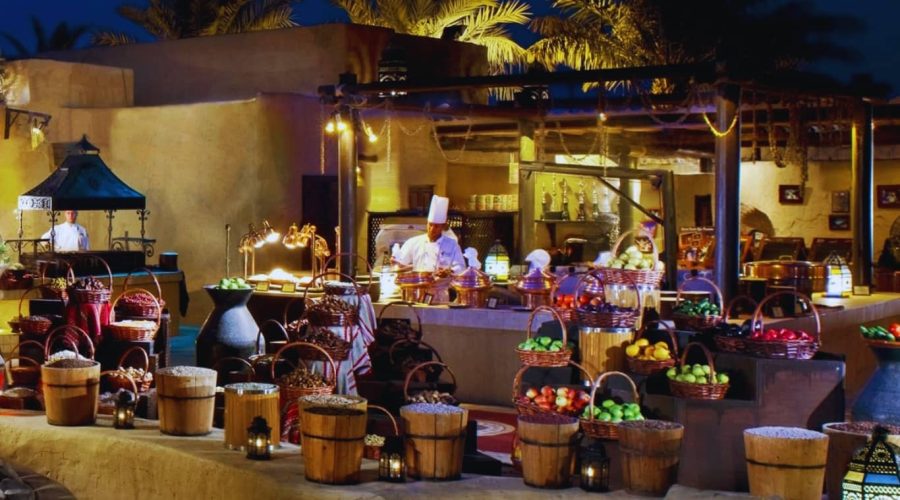 Royal Desert Safari with Dinner in Bab Al Shams Resort BBQ dinner setup